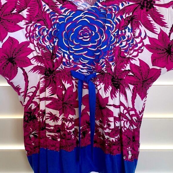 Cabi Vintage Fuchsia & Blue Hawaiian inspired tropical print blouse. Sz S - Picture 6 of 6